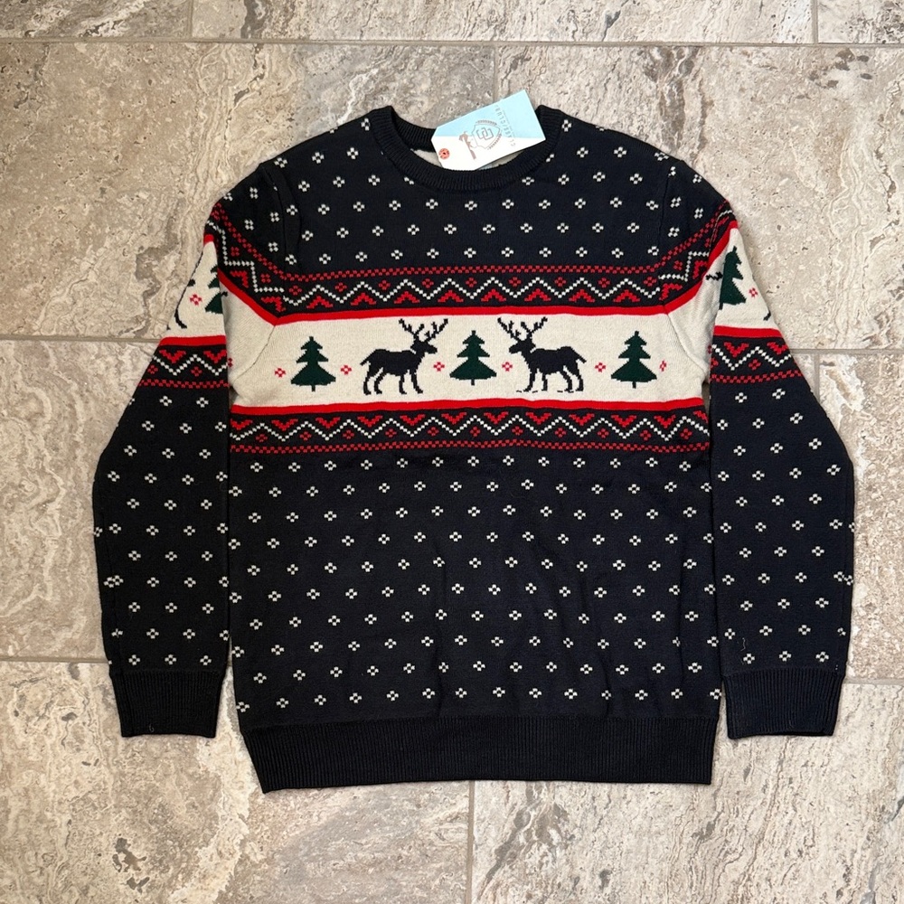NWT Size 14/16 Navy Blue Holiday Reindeer Crewneck Sweater